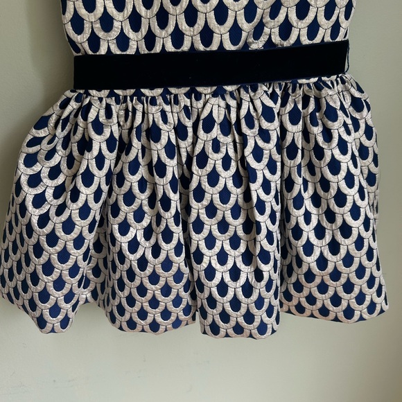 Halabaloo navy/gold holiday dress. Cap sleeve, full skirt, navy velvet tie. 2T - Picture 2 of 15